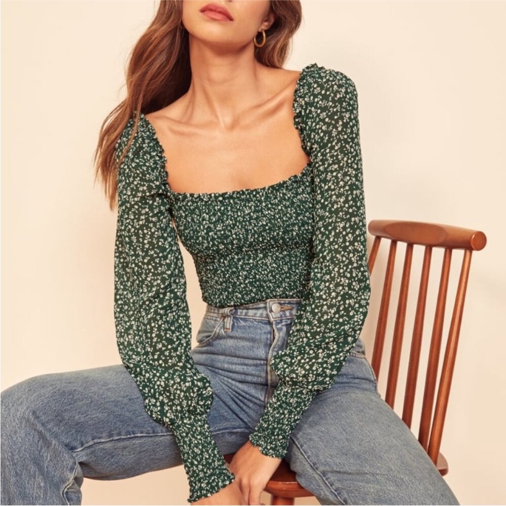 Reformation Green Floral Blouse